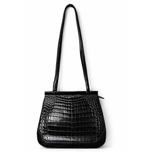 Stefano Bravo Shoulder Bag Womens Medium Black Leather Croc Embossed Italy